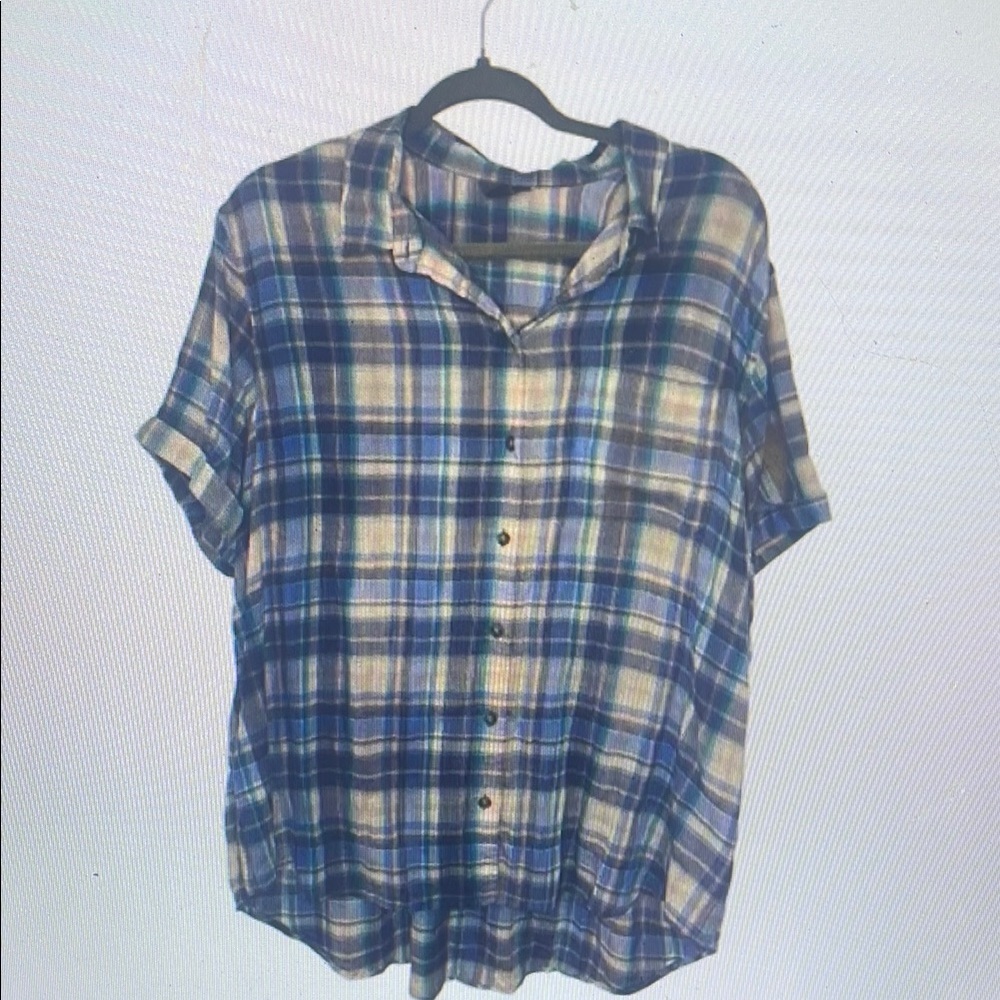 Blue and Cream Plaid Button-Up Shirt